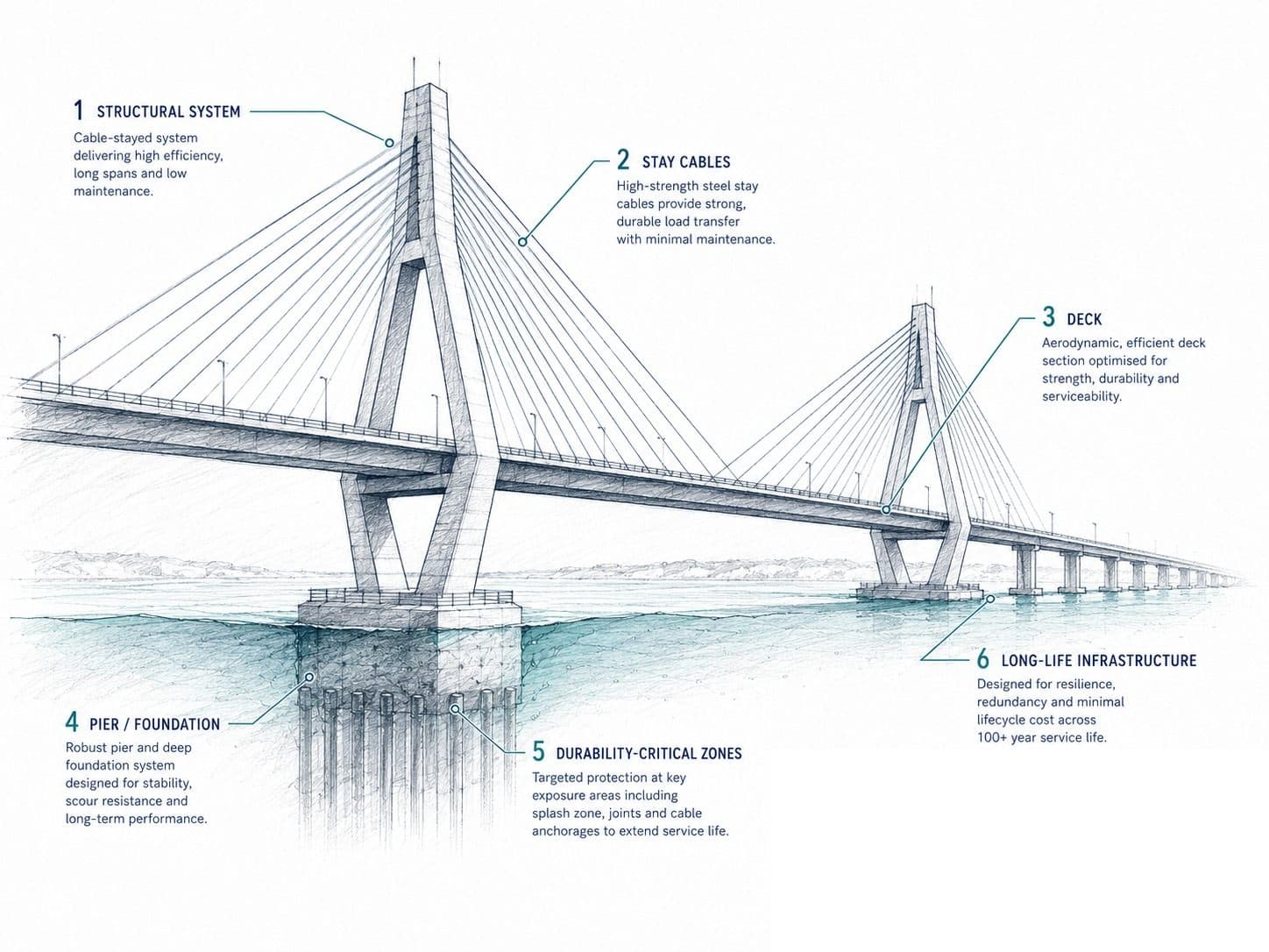Concept sketch of a marine bridge pier showing chloride ingress and corrosion risk, wave splash and tidal cycling, abrasion from wave action, and internal deterioration below water across four exposure zones.