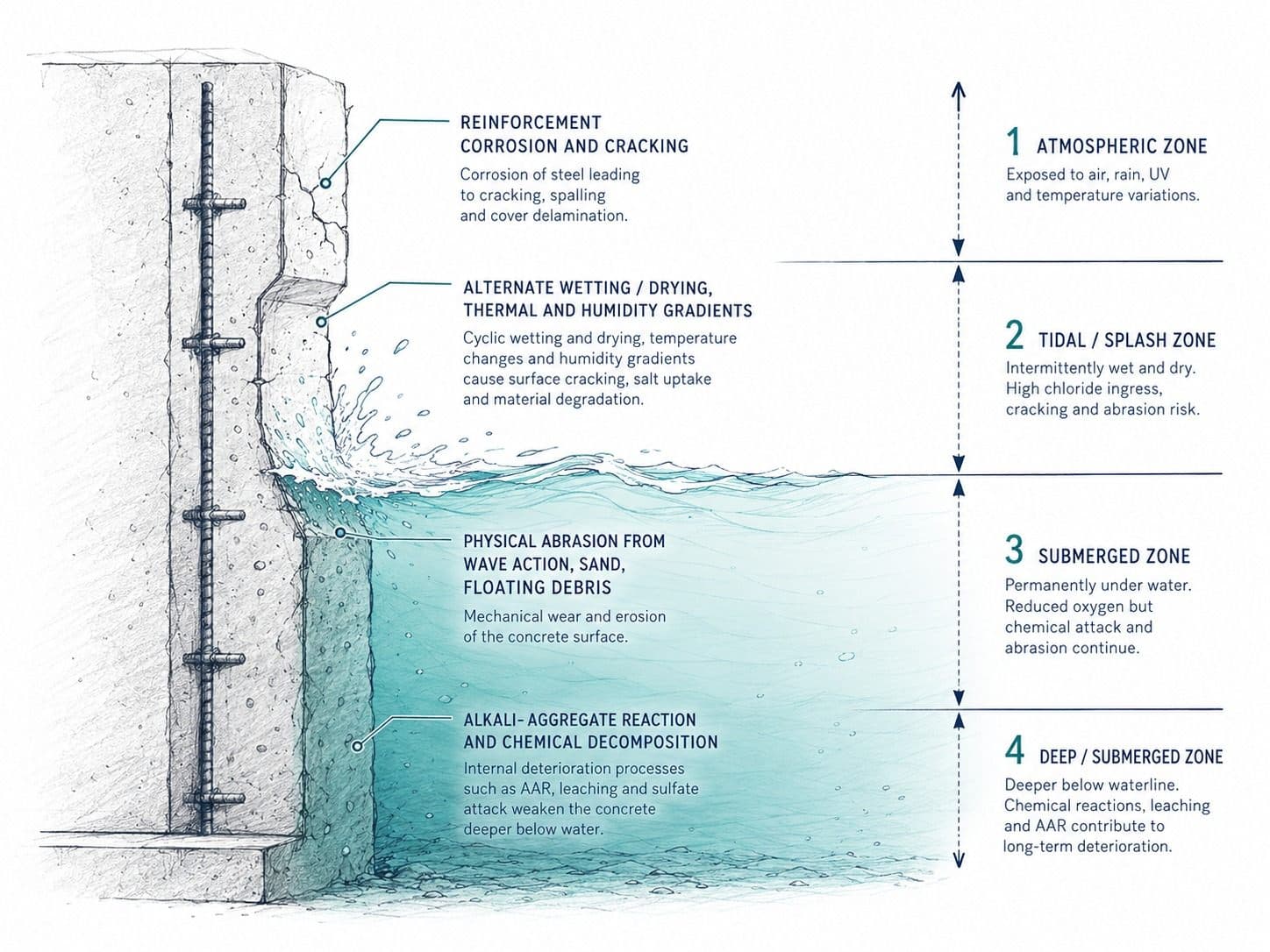 Sectional concept sketch of a reinforced-concrete marine structure, dividing it into atmospheric, tidal/splash, submerged and deep submerged exposure zones, with the dominant deterioration mechanism annotated for each.