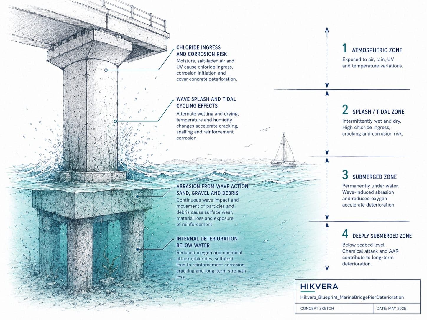 Concept sketch of a marine bridge pier showing chloride ingress and corrosion risk, wave splash and tidal cycling, abrasion from wave action, and internal deterioration below water across four exposure zones.