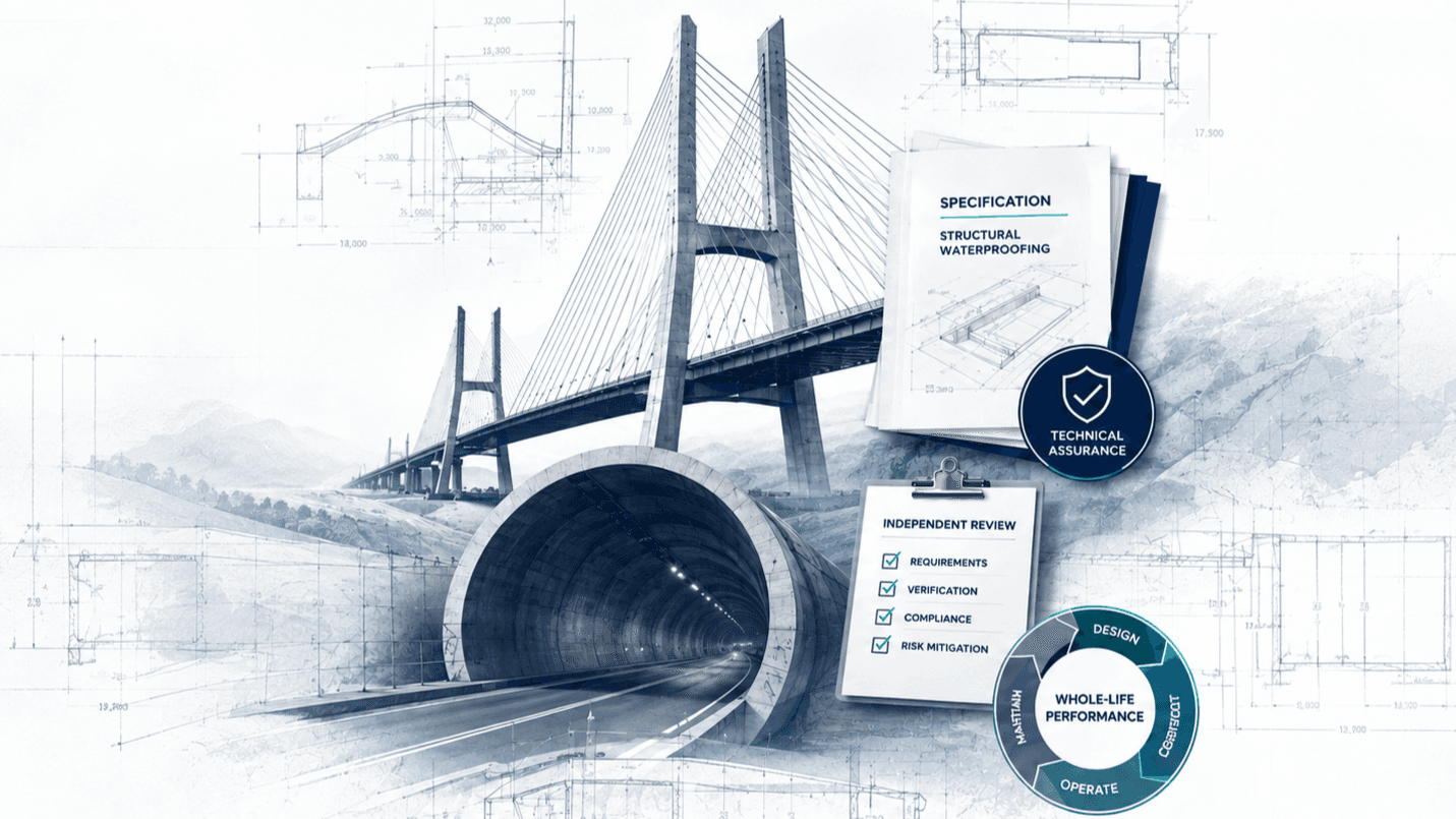 Structural drawings, a hard hat, callipers and concrete samples laid out for review, with a tunnel portal and bridge beyond.